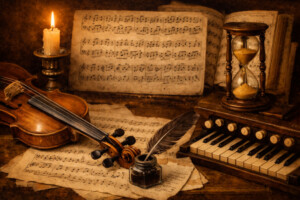 Notenblätter, Violine und Orgel als Symbol für die musikalische Form der Passacaglia.