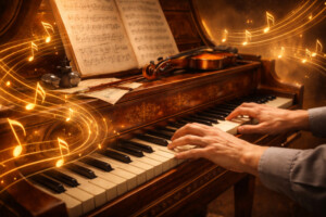 Hände improvisieren auf einem historischen Cembalo, darüber schweben stilisierte Notenlinien; warme barocke Atmosphäre mit Notenblättern und Instrumenten im Hintergrund.