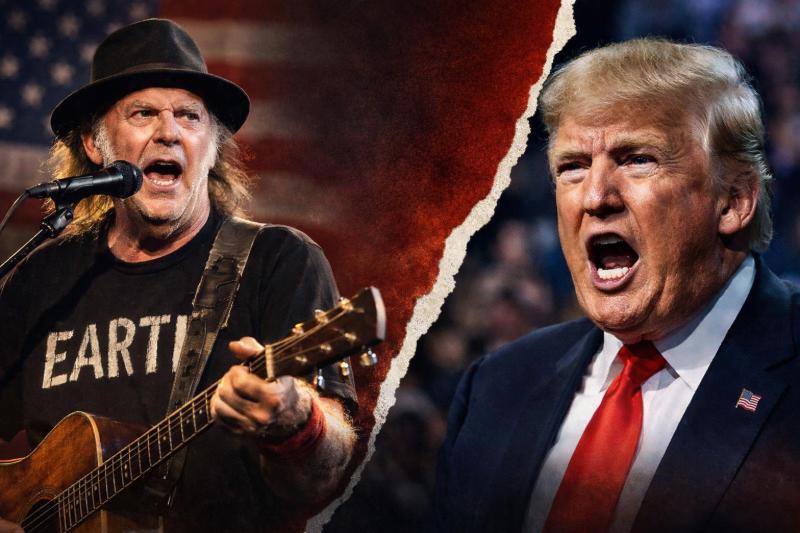 Neil Young singt mit Gitarre auf einer Bühne, rechts gegenüber ein wütend sprechender Politiker an einem Rednerpult; beide durch eine zerrissene Bildkante getrennt, symbolisiert den politischen Konflikt zwischen Musik und Macht.
