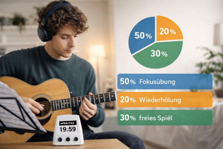 Musiker übt Gitarre mit Kopfhörern, daneben eine Grafik zur 50-20-30-Regel für effizientes Üben.