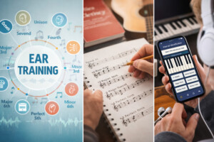 Grafik zum Gehörtraining mit Übersicht musikalischer Intervalle, einem Notenblatt mit eingezeichneten Intervallen und einer Smartphone-App zur Intervall-Erkennung mit Kopfhörern.