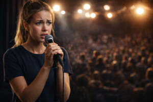Lampenfieber vor dem Auftritt: nervöse Sängerin steht mit Mikrofon auf der Bühne