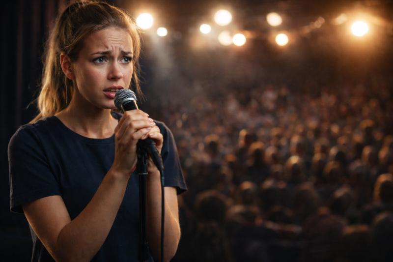 Lampenfieber vor dem Auftritt: nervöse Sängerin steht mit Mikrofon auf der Bühne