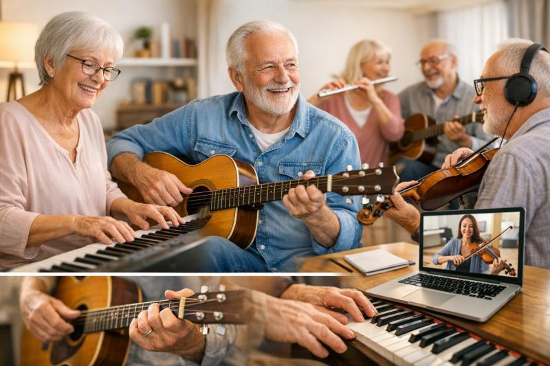 Mehrere Seniorinnen und Senioren sitzen in einem hellen Wohnzimmer und musizieren gemeinsam. Eine Frau spielt Klavier, ein Mann Gitarre, ein anderer Geige. Auf einem Laptop ist eine Online-Geigenlehrerin zu sehen.