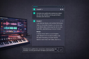 ChatGPT-Oberfläche auf Deutsch zur Unterstützung beim Songwriting neben einer digitalen Audio-Workstation in neutraler Studio-Umgebung.