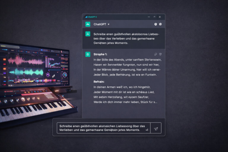 ChatGPT-Oberfläche auf Deutsch zur Unterstützung beim Songwriting neben einer digitalen Audio-Workstation in neutraler Studio-Umgebung.