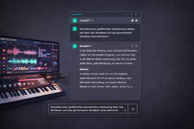 ChatGPT-Oberfläche auf Deutsch zur Unterstützung beim Songwriting neben einer digitalen Audio-Workstation in neutraler Studio-Umgebung.