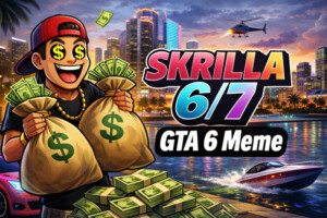 Visualisierung des Skrilla-6/7-Memes im GTA-6-Kontext mit Geldsymbolik und Großstadt-Motiv