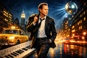 80er-Jahre-inspirierte nächtliche Stadtszene mit elegant gekleidetem Mann auf nasser Straße, Neonlichtern, Taxi, Klaviertasten und Disco-Kugel – visuelle Anspielung auf ‚Steppin’ Out‘ im Pop-Jazz-Stil.