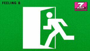 Minimalistisches Albumcover von Feeling B mit grüner Fläche und weißem Notausgang-Piktogramm einer laufenden Figur