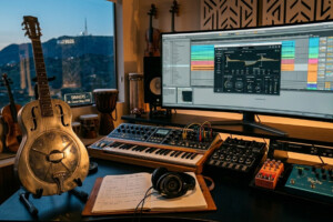 Modernes High-End-Tonstudio im Jahr 2026 mit einer antiken 1932er Dobro Resonator-Gitarre im Vordergrund, DAW-Monitor mit Output Portal Plugin und Blick auf das Hollywood-Sign bei Dämmerung