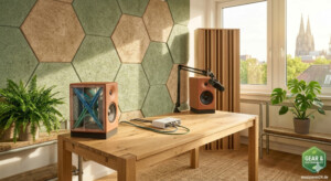 Nachhaltiges Musikstudio-Design 2026: Homestudio in Köln mit Blick auf den Dom, Akustik-Paneelen aus Hanf und Myzel in Wabenform, Studio-Monitoren aus Bio-Verbundstoff und Holztisch.