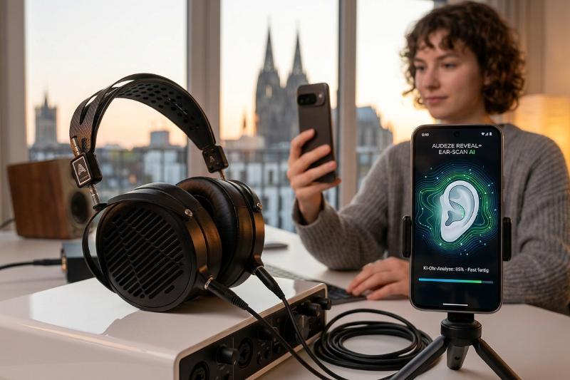 High-End Studio-Setup 2026: Audeze LCD-5 Kopfhörer und Smartphone mit KI-gestütztem Reveal+ Ohr-Scan für personalisiertes Mixing im Silent Studio, Hintergrund Kölner Dom.