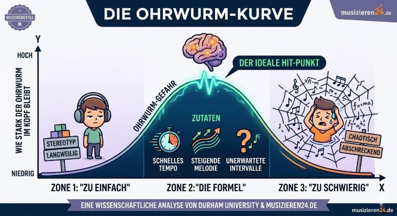 Ohrwurm-Formel Infografik 2026: Die Ohrwurm-Kurve visualisiert die Zonen 'Zu Einfach', 'Die Formel' (mit Schnelles Tempo, Steigende Melodie, Unerwartete Intervalle) und 'Zu Schwierig' für Songwriter, Analyse von Durham University und Musizieren24.de.