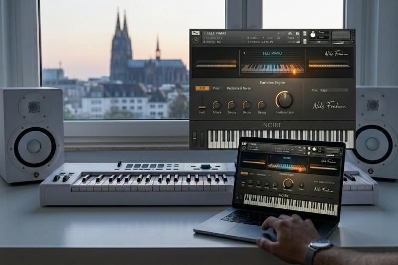 Musikproduktion 2026: Ein Laptop mit geöffnetem Piano-VST (Felt Piano) auf einem Studiotisch in Köln mit Blick auf den Dom und Yamaha Nahfeldmonitoren.