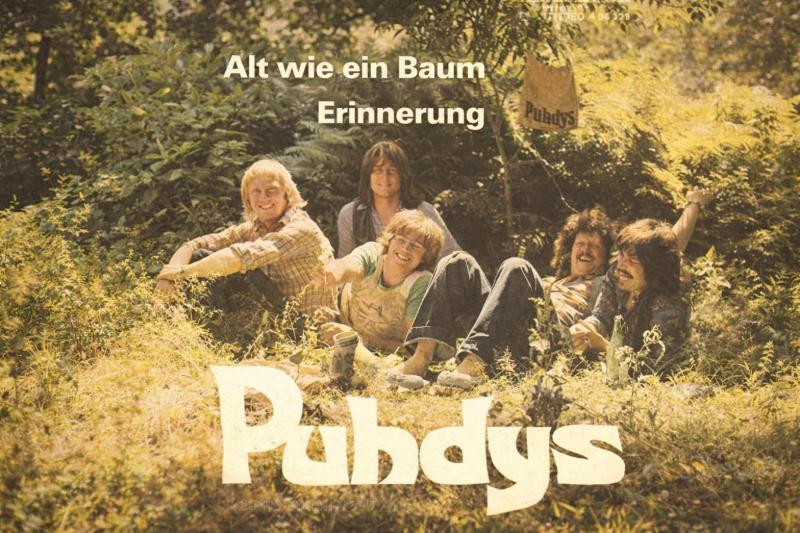 Vintage Albumcover der Puhdys: Fünf Männer sitzen entspannt im Grünen unter Bäumen, sonnige Stimmung, Schriftzug 'Alt wie ein Baum Erinnerung' im Vordergrund