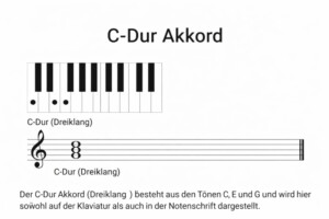 C-Dur Akkord Darstellung auf Klavier mit Tönen C, E und G sowie Notenschrift im Violinschlüssel