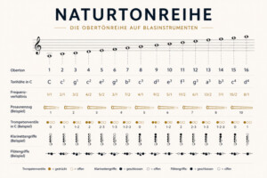 Infografik zur Naturtonreihe mit Obertonreihe, Frequenzverhältnissen und Griffsystemen für verschiedene Blasinstrumente auf hellem Hintergrund