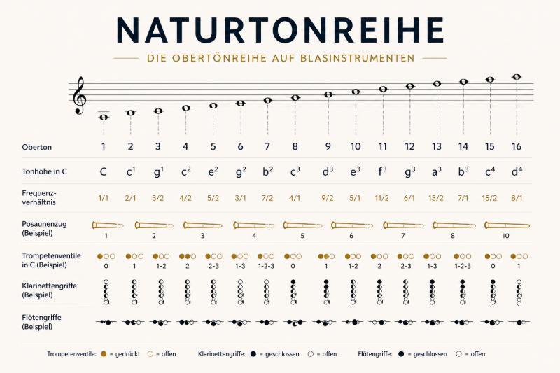 Infografik zur Naturtonreihe mit Obertonreihe, Frequenzverhältnissen und Griffsystemen für verschiedene Blasinstrumente auf hellem Hintergrund