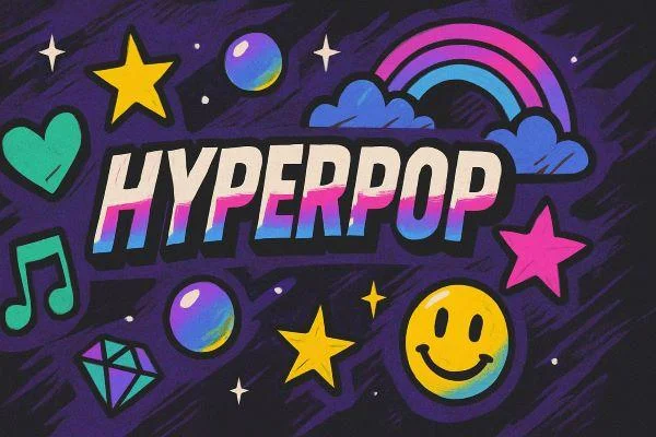 Hyperpop Genre Visual mit Neonfarben, Glitch-Effekten und moderner Pop-Ästhetik