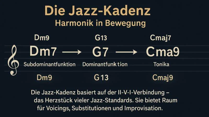 Infografik zur Jazzkadenz: II-V-I-Akkordfolge in C-Dur mit Dm7–G7–Cmaj7, Funktionen Subdominante, Dominante und Tonika, inklusive Jazz-Erweiterungen Dm9, G13 und Cmaj9 auf dunklem Hintergrund.