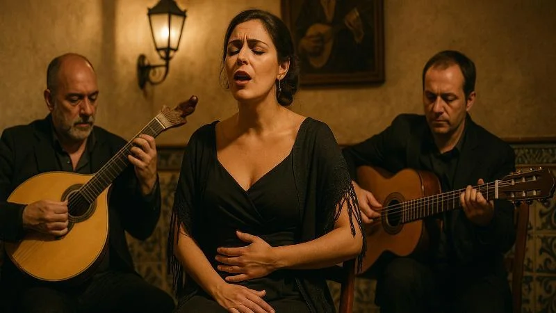 Fado-Sängerin mit Fado-Ensemble