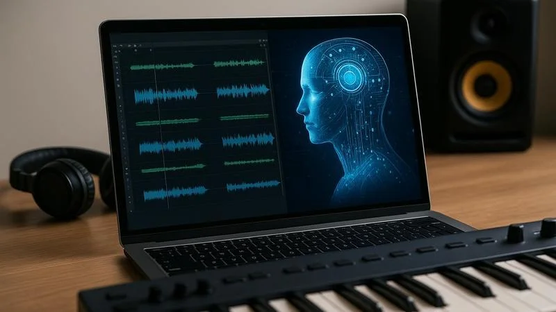 Künstliche Intelligenz in der Musikproduktion – digitales Studio mit KI und Audio-Waveforms