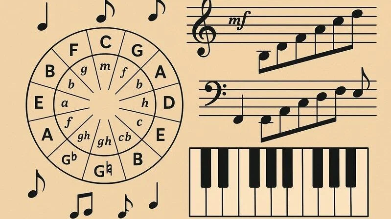Illustration von Quintenzirkel, Noten und Klaviatur, Musiktheorie Grundlagen: Quintenzirkel, Noten und Klaviatur für Anfänger erklärt