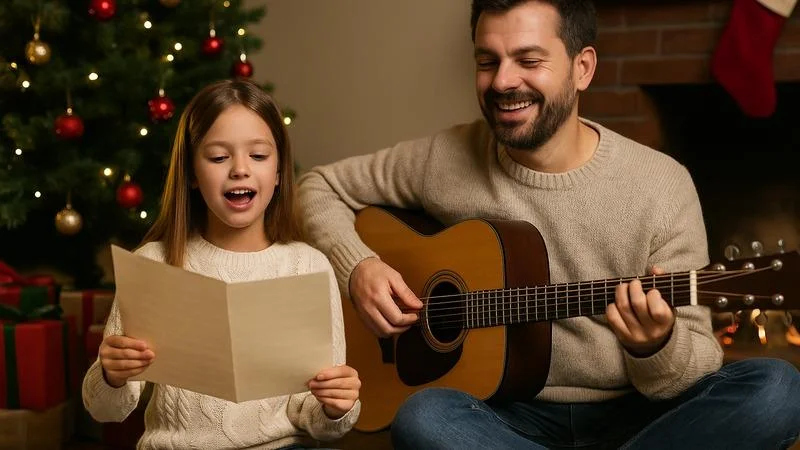 Vater und Kind spielen Weihnachtslieder auf der Gitarre vor dem Weihnachtsbaum – gemeinsame Weihnachtsbegleitung für Familie