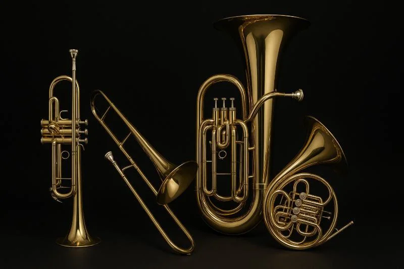 Blechblasinstrumente Keyvisual mit Tuba, Posaune, Trompete und Horn