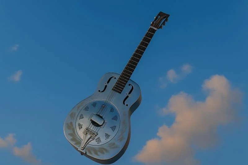 Schwebende Resonator-Gitarre vor blauem Himmel – symbolisches Artikelbild zur Analyse von „Brothers in Arms“ von Dire Straits