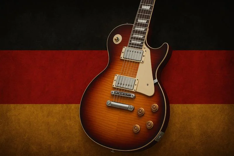 Deutschrock E-Gitarre vor deutscher Flagge mit rockiger Atmosphäre