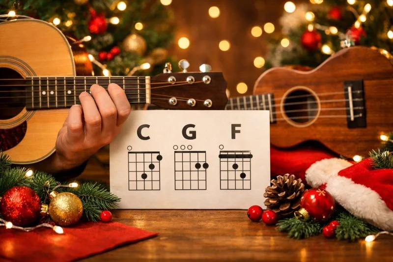 Weihnachtslieder auf Gitarre und Ukulele mit einfachen Akkorden C, G und F
