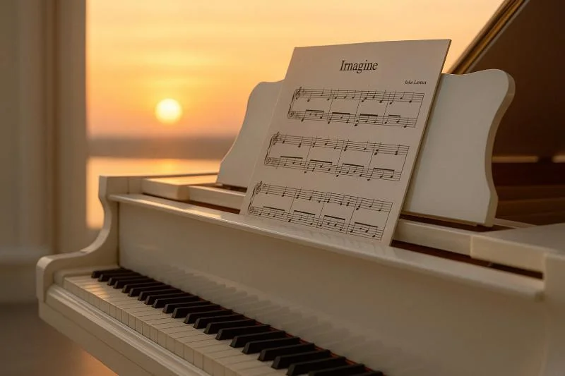 Weißer Flügel vor dem Sonnenuntergang mit den Noten von Imagine