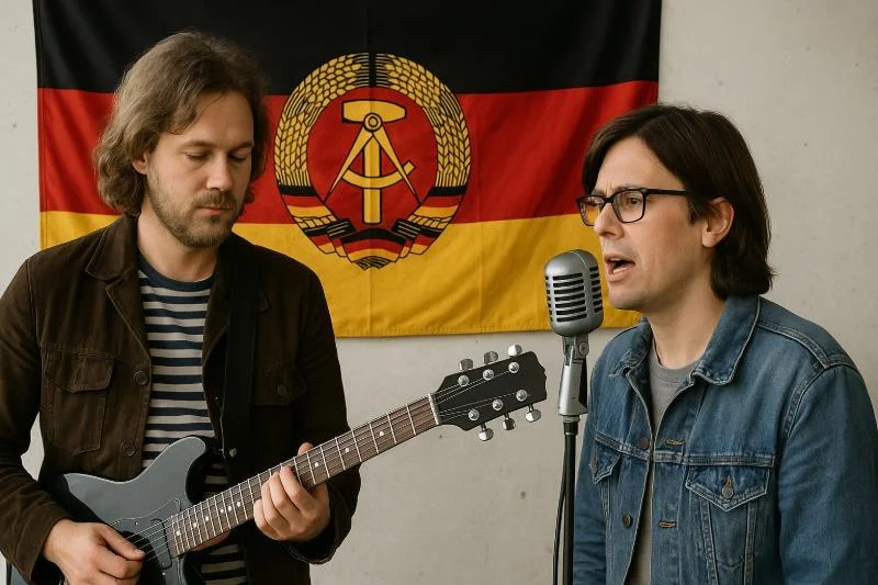 Ostrock-Band bei Probe vor DDR-Flagge mit Gitarre und Retro-Mikrofon
