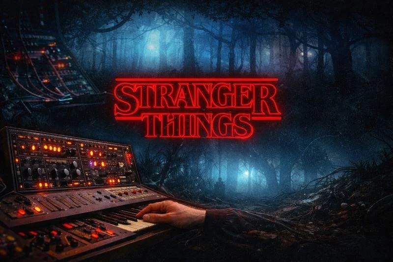 Düstere 16:9-Bildkomposition zur Filmmusik von Stranger Things mit analogem Synthesizer im Vordergrund, rotem Retro-Logo und nebliger Waldatmosphäre im 80er-Jahre-Stil.