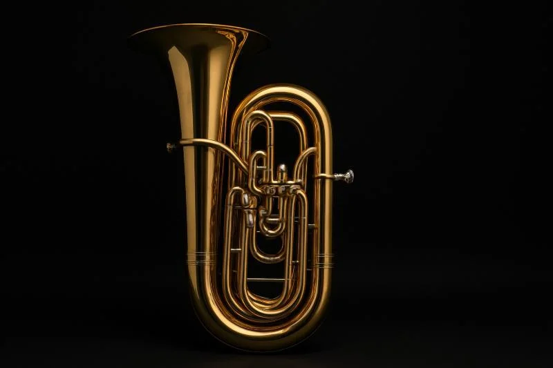 Studioaufnahme einer goldenen Tuba, einem tiefen Blechblasinstrument, vor schwarzem Hintergrund