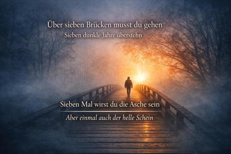 Nebelige Brücke mit einsamer Person im Sonnenlicht und Text „Über sieben Brücken musst du gehen“ als Symbol für Lebensweg, Hoffnung und Überwindung schwerer Zeiten