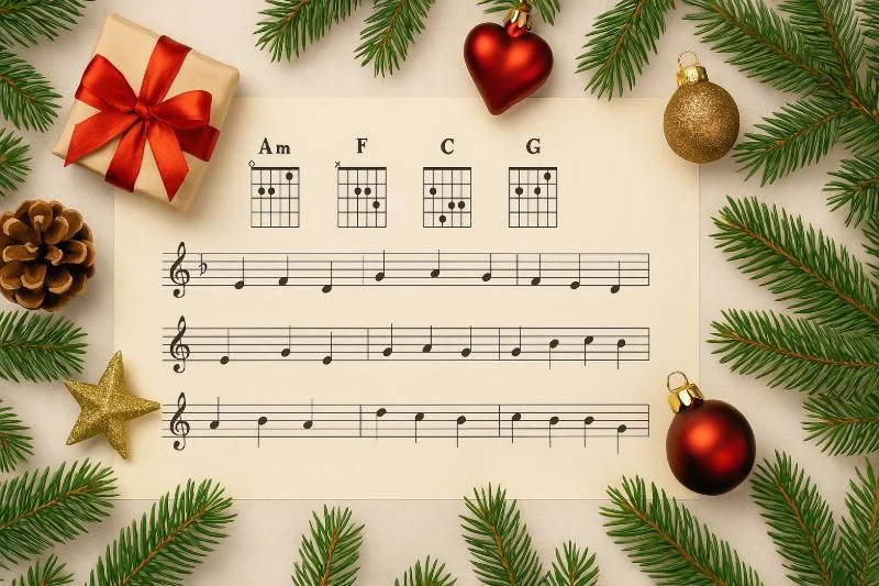 Weihnachtsnoten mit Weihnachtsschmuck im Hintergrund
