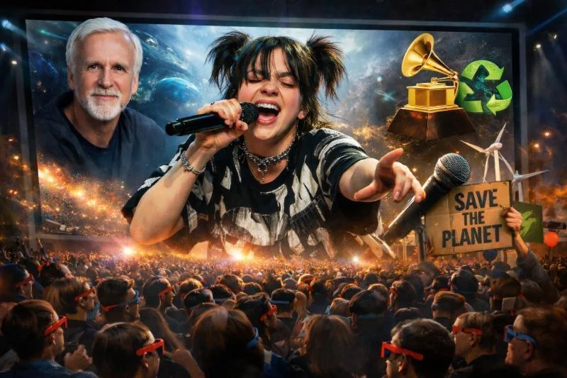 Billie Eilish bei einem Live-Konzert 2026 auf großer Bühne, umgeben von Publikum, mit Symbolen für James Cameron, die Grammy Awards und Umweltaktivismus.