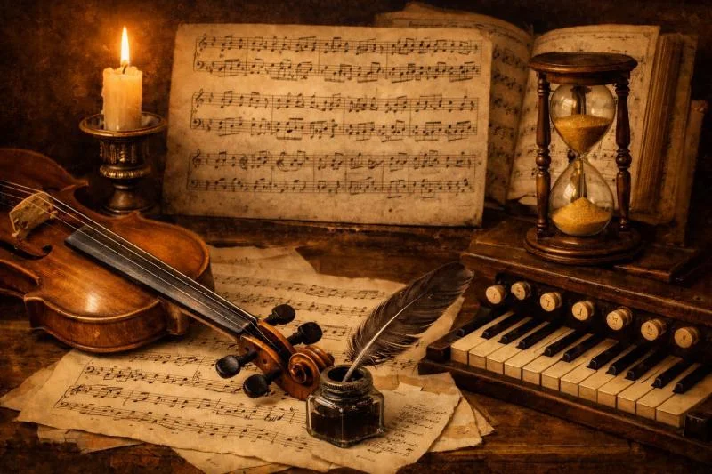 Notenblätter, Violine und Orgel als Symbol für die musikalische Form der Passacaglia.