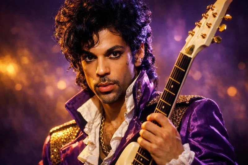 Porträt von Prince Rogers Nelson mit Gitarre in violett-goldenem Licht, ikonischer Musiker der 1980er Jahre