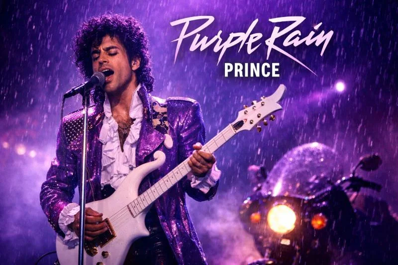 Ikonische Purple-Rain-Liveperformance von Prince mit Gitarre und Regen als Symbol für die emotionale Intensität des Songs