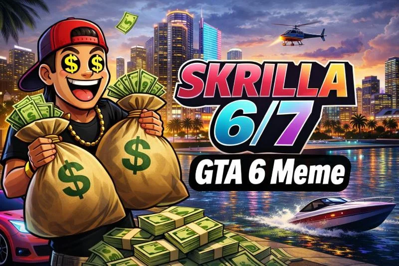 Visualisierung des Skrilla-6/7-Memes im GTA-6-Kontext mit Geldsymbolik und Großstadt-Motiv