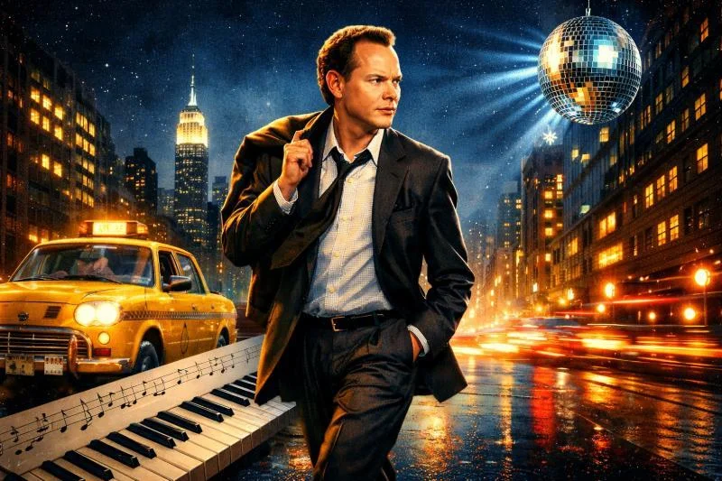 80er-Jahre-inspirierte nächtliche Stadtszene mit elegant gekleidetem Mann auf nasser Straße, Neonlichtern, Taxi, Klaviertasten und Disco-Kugel – visuelle Anspielung auf ‚Steppin’ Out‘ im Pop-Jazz-Stil.