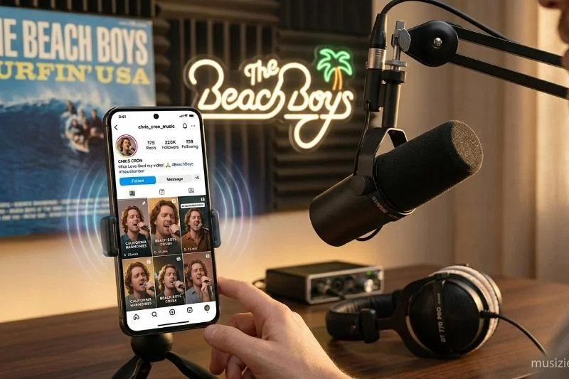 Modernes Musikstudio-Setup 2026: Nahaufnahme eines Smartphones auf einem Stativ, ein Shure SM7B Mikrofon und Beyerdynamic Kopfhörer auf einem Holztisch, im Hintergrund ein leuchtendes Palmen-Neonschild und Schallplatten.