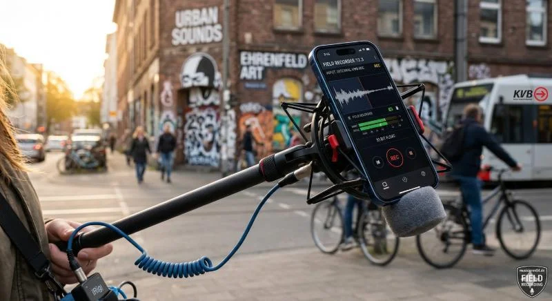 Smartphone Field Recording 2026: Ein High-End-Handy mit professioneller Rycote-Schwinghalterung und Windschutz wird in Köln-Ehrenfeld an einer Straßenkreuzung für urbane Sound-Aufnahmen genutzt, KVB-Bahn im Hintergrund.