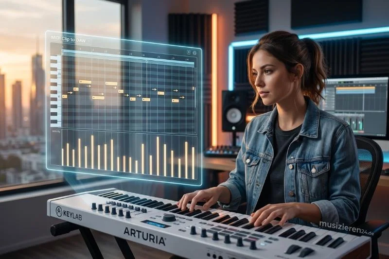Eine Musikproduzentin am Keyboard editiert eine KI-generierte Melodie in einer holografischen DAW mit Fokus auf Velocity-Balken und Micro-Timing für den Human-Touch-Effekt.
