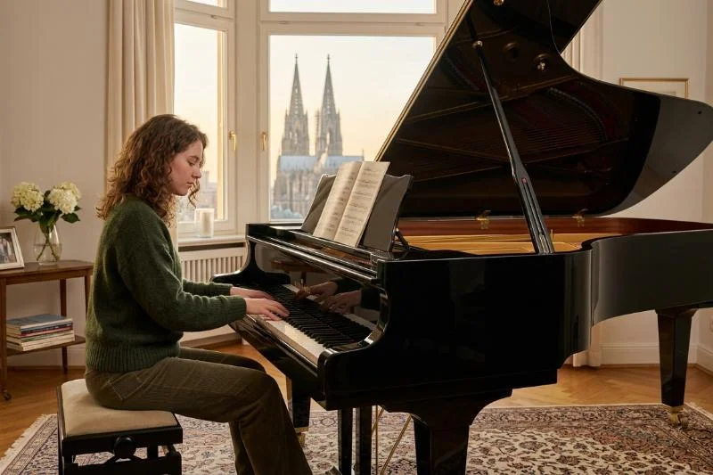 Authentische Klavierszene 2026: Eine Musikerin übt in einem sonnendurchfluteten Raum auf einem klassischen Konzertpiano für die Renaissance des akustischen Klaviers.