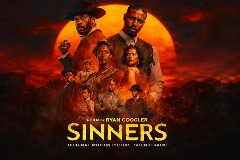 Filmplakat zu 'Sinners' von Ryan Coogler mit mehreren Figuren vor einer roten Sonnenuntergangskulisse in einer dramatischen Western-Atmosphäre